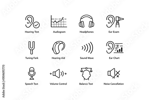 Hearing test icons: audiogram, headphones, ear exam, and more