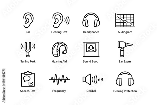 Hearing assessment icons: ear, headphones, audiogram, hearing aid, sound booth