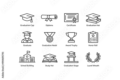 Graduation symbols and icons collection featuring diploma, cap, medal, trophy, and certificate