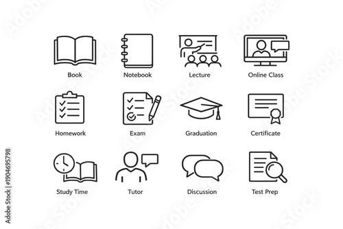 Educational icons set: book, online class, exam, graduation, certificate, tutor