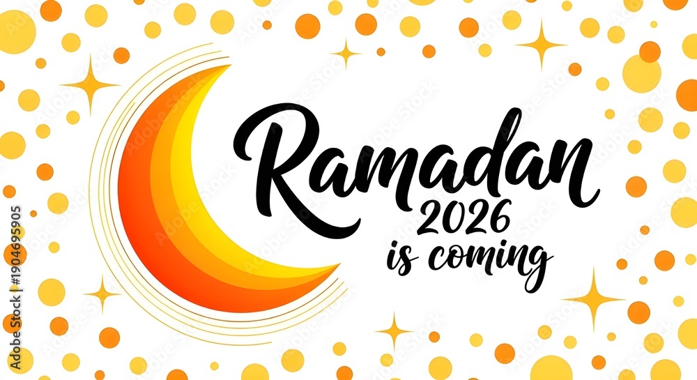 Fototapeta premium Ramadan 2026 is fast approaching with a celestial crescent moon and a shower of warm, glowing celebratory confetti and stars
