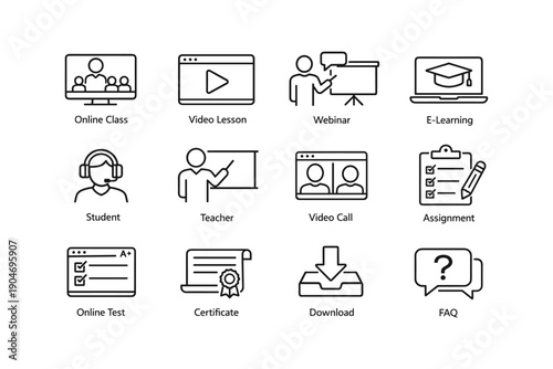 Educational icons set: online class, webinar, e-learning, teacher, student