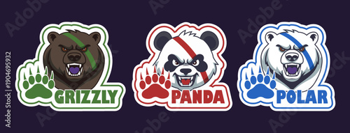 Vector set of cartoon stickers. Menacing toothy angry and growling wild animals. Toon powerful grizzly, panda and polar bear. Paw. Label collection. Isolated