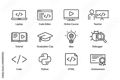 Coding and programming icon set featuring code editor, online course, python, html, and achievement