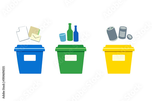 Bins for recycling paper, glass, and metal are arranged in a row to encourage proper waste sorting at a public space