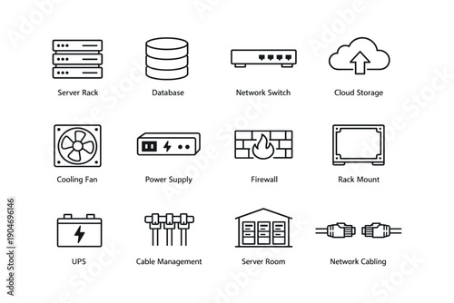 Data center equipment icons: server rack, cloud, power, cabling, security
