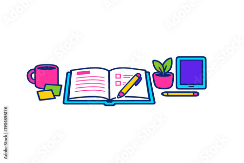 Open notebook with pencil, mug, plant, tablet, and sticky notes on a desk showing study and work setup for learning and creativity