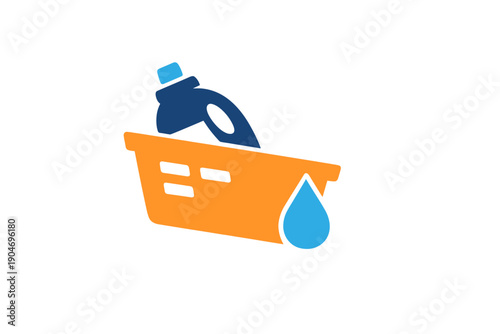 Cleaning supplies in a basket with laundry detergent and a drop of water inside a simple design