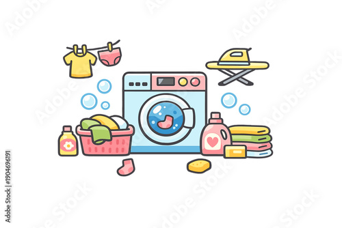 Colorful laundry scene with a washing machine, clothes, and supplies in a home setting during daytime