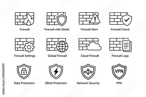 Firewall and security icons: firewall, shield, alert, global, vpn