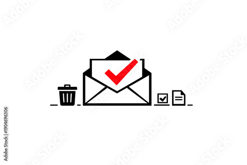 Someone checks off an email in their inbox confirming it is important while a trash bin sits nearby with paper documents