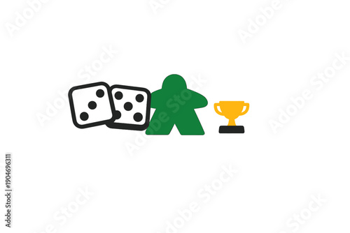 Board game setup with dice, game piece, and trophy on a plain background during casual gaming session in an indoor setting