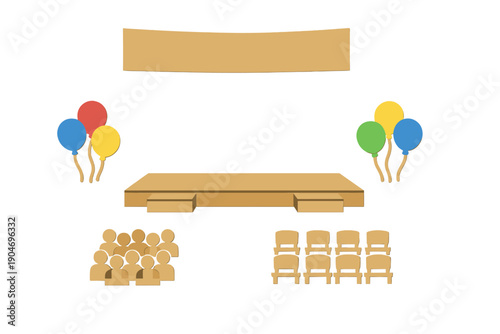 Event setup includes a stage, chairs, and balloons for a gathering in a large hall during the daytime