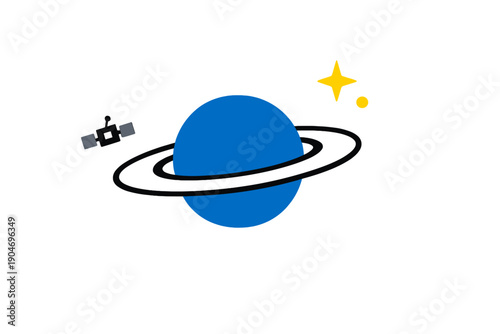 Planet with rings and satellite in space showing bright star at a distance during a clear day in a digital art style