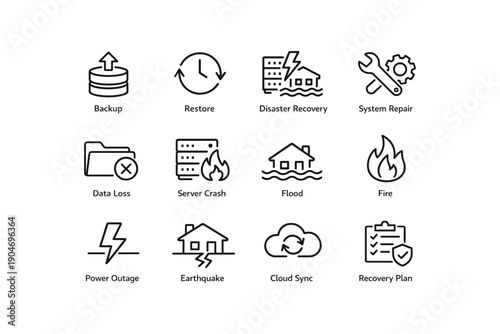Disaster recovery and system repair icons: backup, restore, fire, flood, earthquake