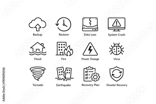 Disaster recovery icons: backup, data loss, system crash, flood, fire, virus