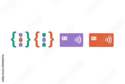 Graphic shows symbols and cards related to digital payment systems and contactless technology used in financial transactions