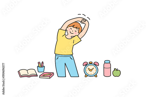 Child stretches in morning routine with clock, book, and snack next to them at home during weekday
