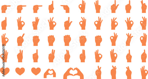 Hand Gesture Icon Set with Finger Signs, OK Symbols, Love Shapes, and Communication Gestures for UI Design, Infographics, Apps, and Visual Messaging