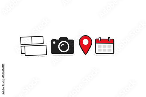 Icons of a camera, map pin, calendar, and frames show activities related to capturing moments, planning events, managing time, and sharing experiences