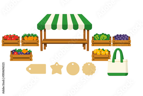 Many baskets with fruits and vegetables under a green and white striped market stall on a simple white background