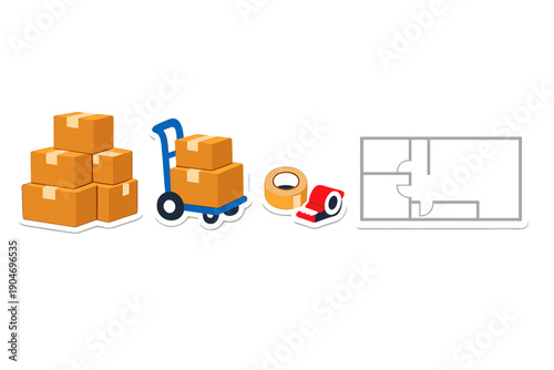 Boxes are stacked near a hand truck with tape and a layout plan in a storage area during a moving process