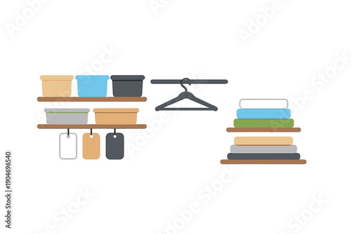 Organization of storage containers and stacked towels in a neat arrangement on shelves in a small room