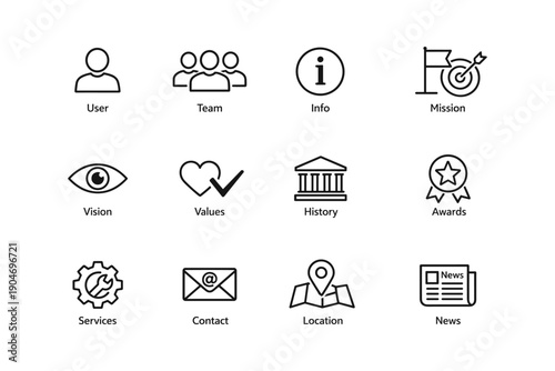 Business icons for team, info, mission, vision, values, history, awards, services, contact, location, news