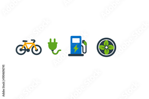 Different types of transportation symbols show bike, electric plug, fuel pump, and a tire
