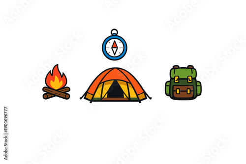 Enjoying a camping trip with a tent, fire, compass, and backpack while exploring the outdoors during a clear day in nature