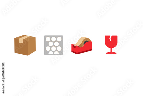 Packing supplies for a move or shipment that include a box, tape, bubble wrap, and fragile label, suitable for protecting items during transport