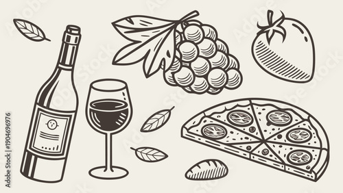 A thick charcoal outline drawing includes a wine bottle and glass with a cluster of grapes, a strawberry, a whole pizza, and bread.