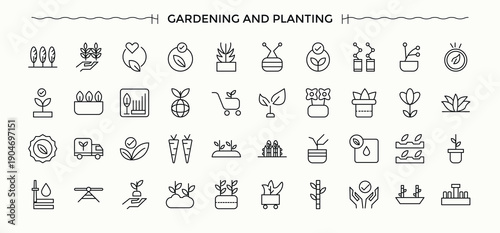 Gardening icon set. Seed modern icon set. Modern thin line style icons. Includes symbols for tool, tools, plant, water, seed, pot and more. Editable stroke.