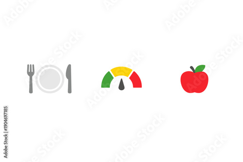 Eating habits and food choices reflected through symbols in a graphic showing utensils, a health gauge, and a red apple