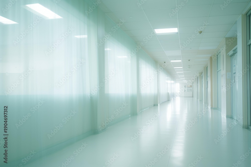 Fototapeta premium Long bright hospital corridor with empty hallway and sterile environment