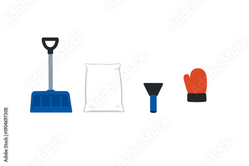 Winter cleanup tools are ready for snow removal tasks in the backyard during a cold winter day in a neighborhood area