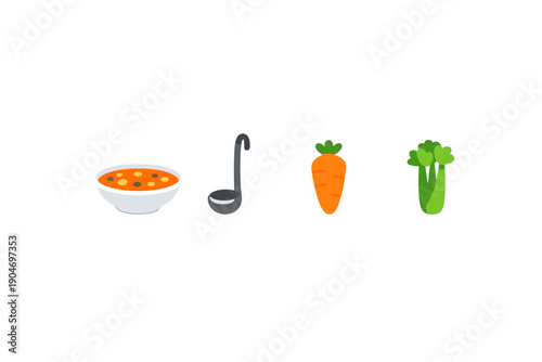Bowl of soup with ladle next to carrot and celery on a plain surface during daylight