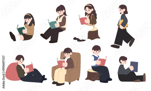 Set of male and female characters enjoying reading in different poses