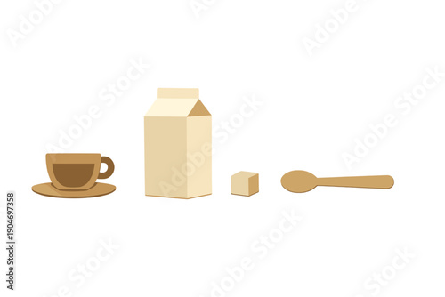 Coffee cup with milk carton, sugar cube, and spoon on clean surface in kitchen setting during morning routine