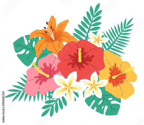 Beautiful bouquet of exotic tropical flowers and jungle foliage