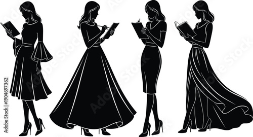 Collection of Four Elegant Black Vector Silhouettes Featuring Sophisticated Women in Long Gowns and Dresses Reading Books and Writing in Notebooks for Literary Arts