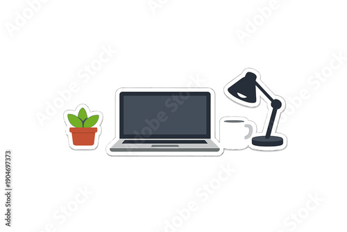 Laptop, lamp, coffee cup, and small plant on a desk in an indoor workspace during daytime hours