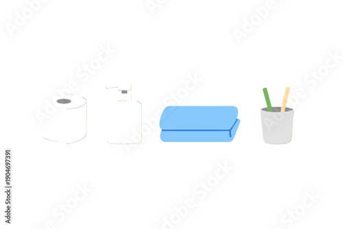 Different bathroom items arranged on a flat surface in a simple, organized layout during the day to show basic hygiene supplies and personal care items