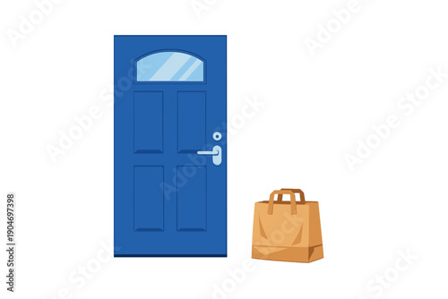 Delivery bag placed next to blue front door during afternoon