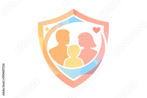 Family safety symbol with parents and child inside shield shape used to represent protection and care for children in community settings