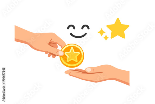 Hands exchanging a coin with a star symbol and a smiling face in a simple design representing reward and appreciation in a digital context
