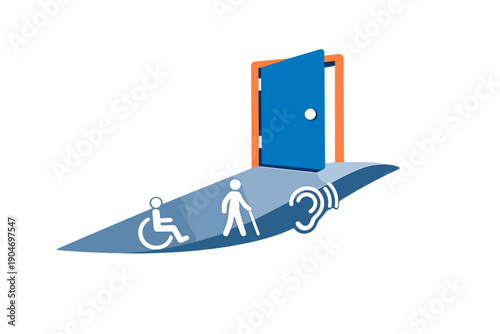Symbols representing accessibility and inclusion near a door suggesting openness and ease of entry for all individuals regardless of mobility differences