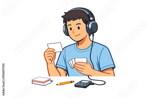 Young person studies flashcards while listening to audio content using headphones at a table in a bright indoor space