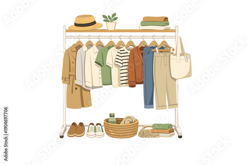 Clothes hanging on a rack display various outfit choices alongside accessories in a simple indoor setting