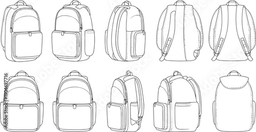 Backpack line art illustration set with multiple views, school travel bag outline drawings, minimal vector product design collection template technical